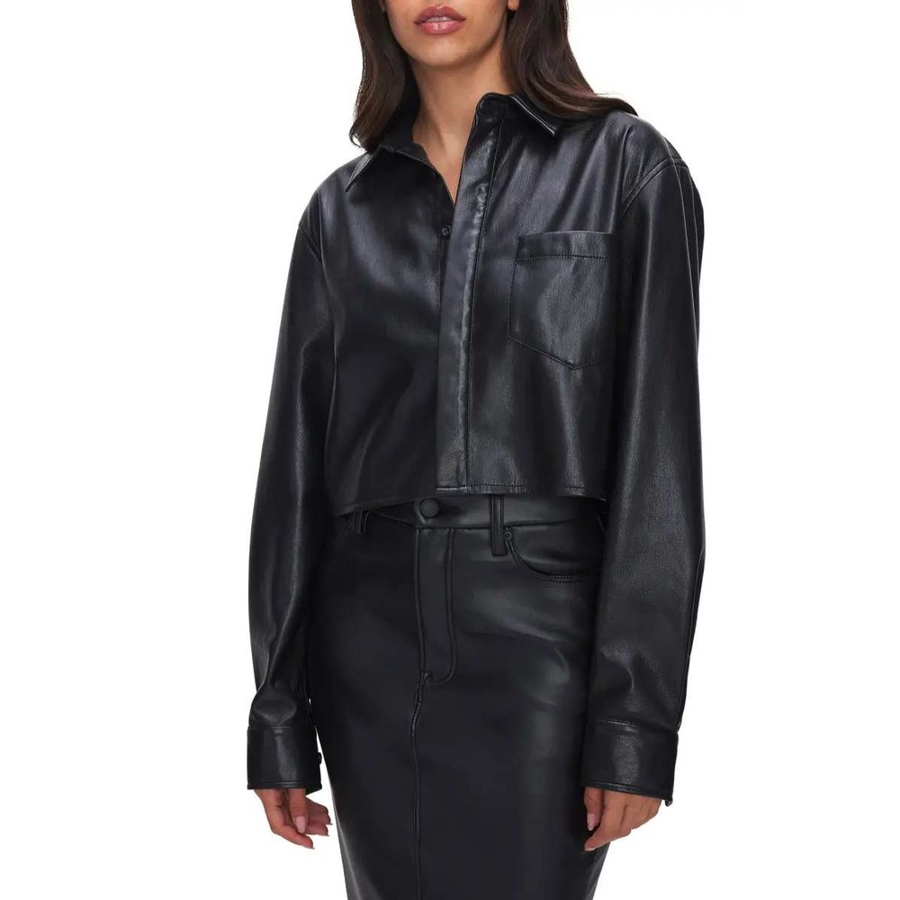 Good American crop LG black vegan leather button up soft luxury jean top EUC‎